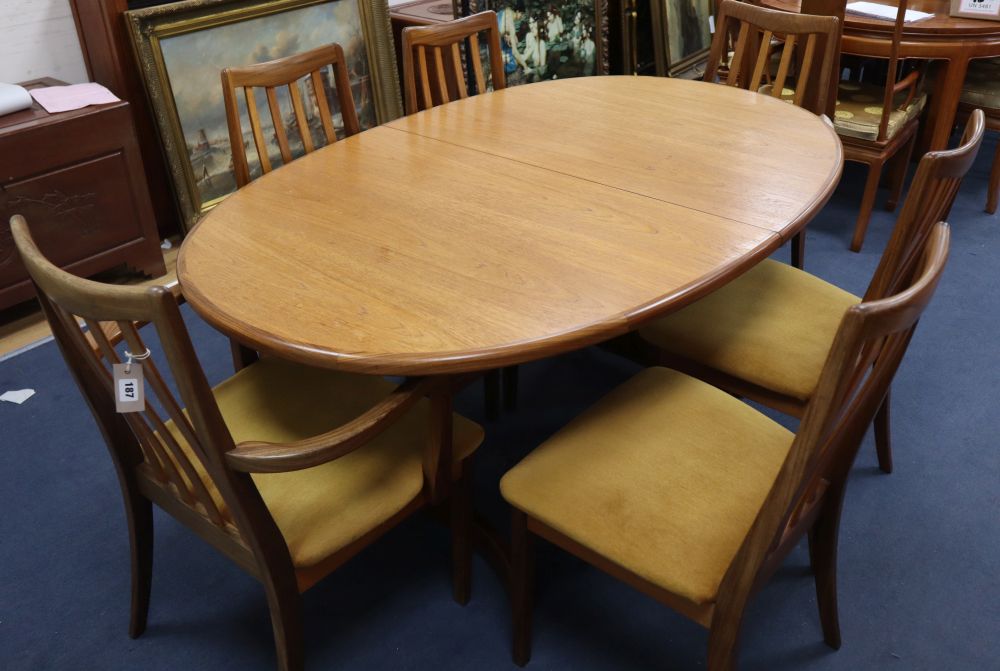 A G plan teak extending dining table, width 102cm, depth 106cm, height 69cm, six chairs and a sideboard